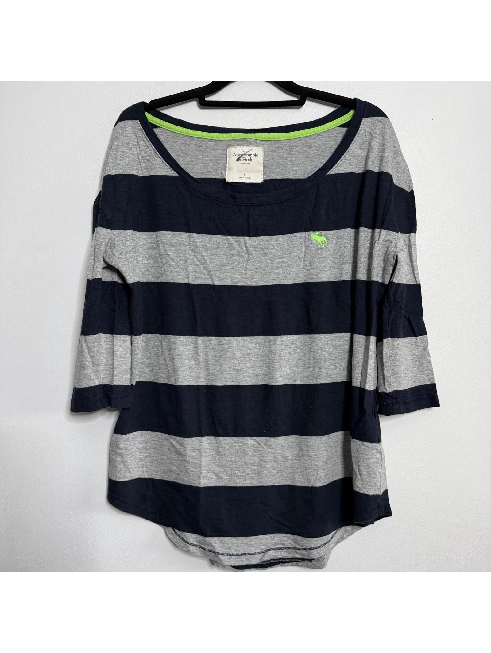 Abercrombie & Fitch Navy Gray Wide Stripe 3/4 Sleeve Top Neon Moose Logo L